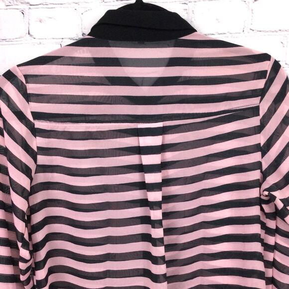 Monteau Sheer Sailor Stripe Collared Lightweight Button Down Front Pocket Top L - Picture 4 of 12
